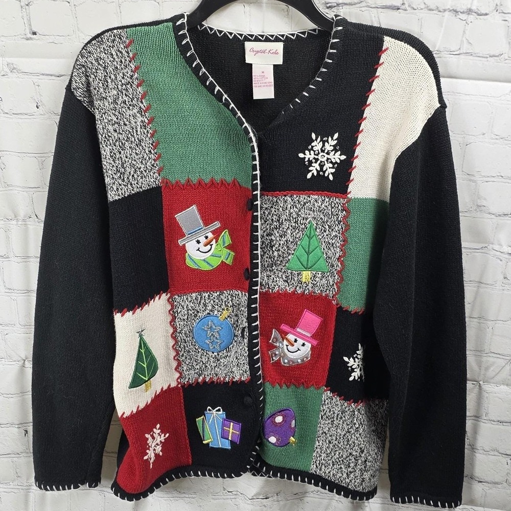 Crystal Kobe Ugly Christmas Cardigan Sweater Patches Snowman Tree Holiday‎ M Y2K